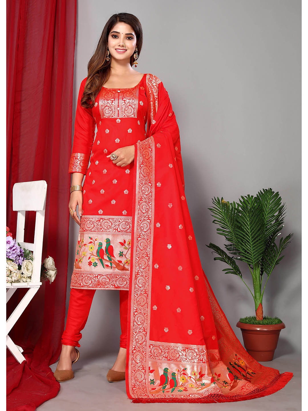 

Ekta Textiles Red & Gold-Toned Unstitched Dress Material