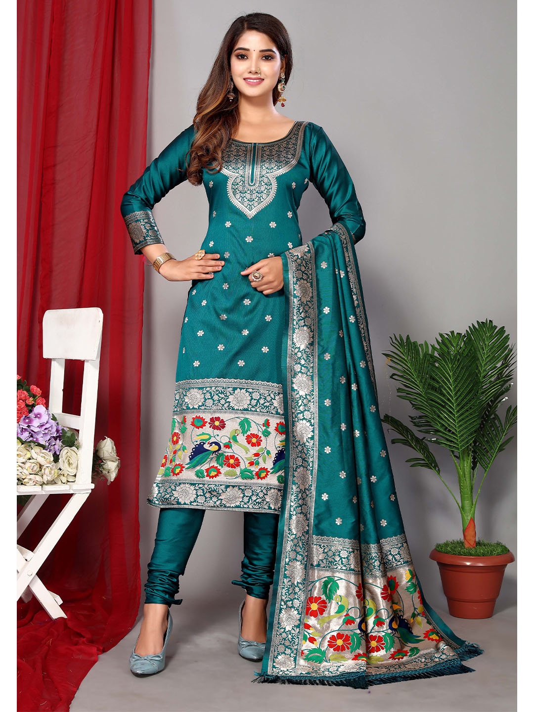 

Ekta Textiles Turquoise Blue & Red Unstitched Dress Material