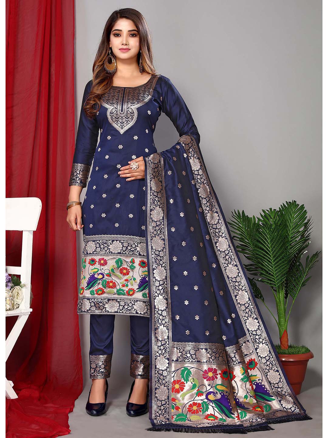 

Ekta Textiles Navy Blue & Silver-Toned Unstitched Dress Material