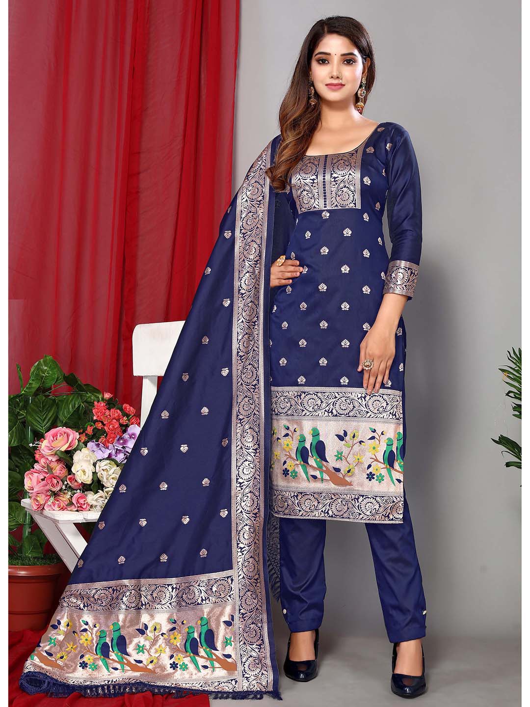 

Ekta Textiles Navy Blue & Gold-Toned Unstitched Dress Material