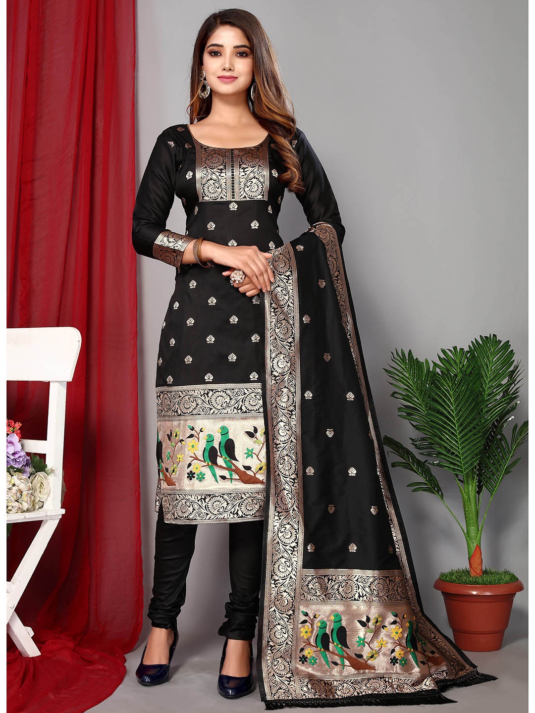 

Ekta Textiles Black & Gold-Toned Unstitched Dress Material
