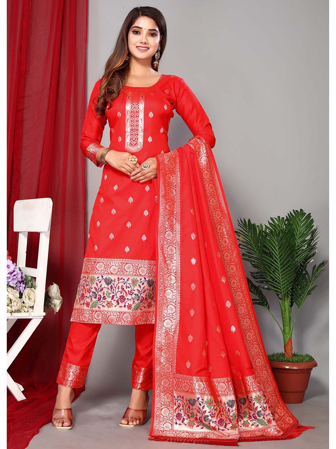 

Ekta Textiles Red & Gold-Toned Unstitched Dress Material