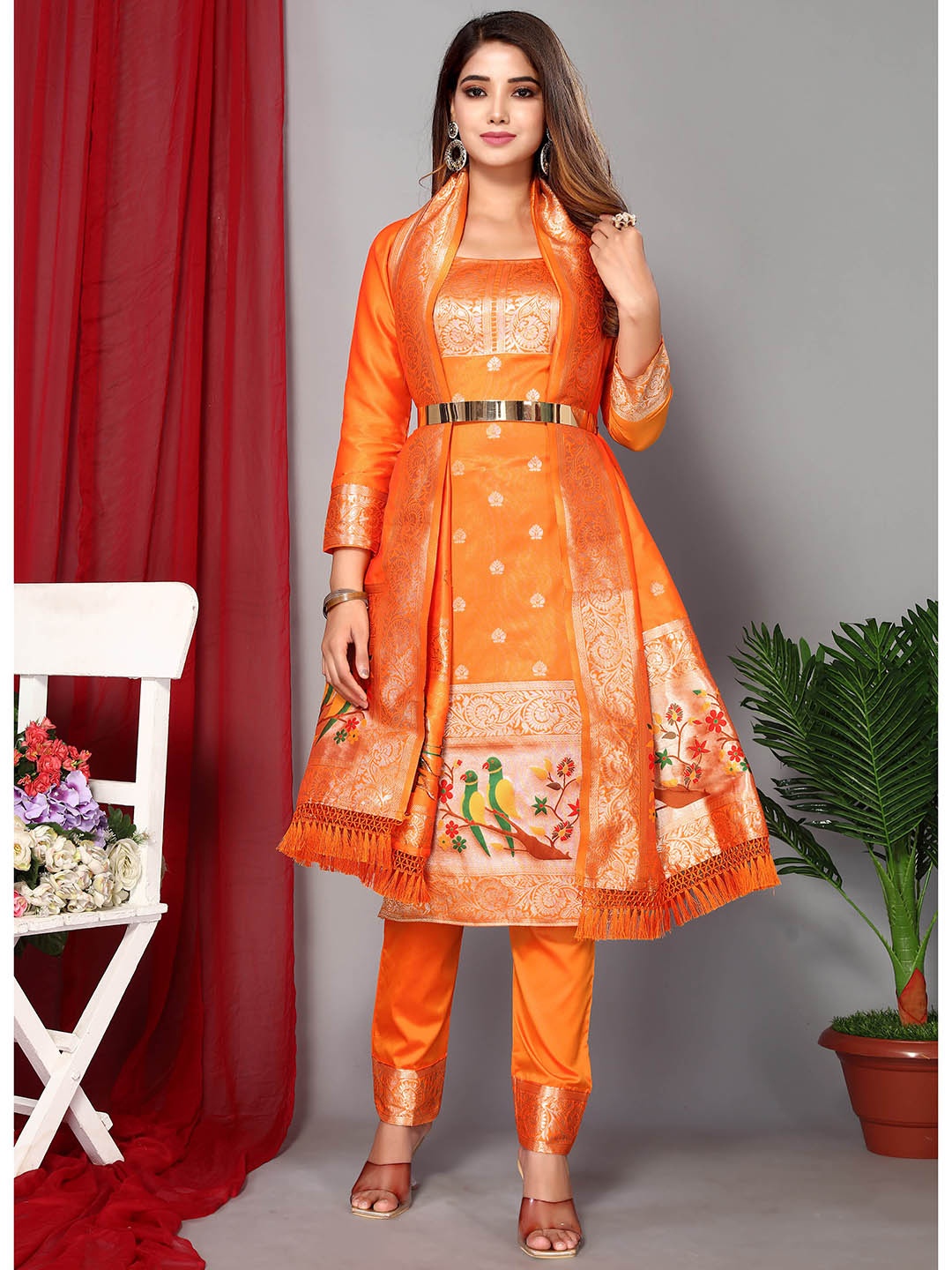 

Ekta Textiles Orange & Gold-Toned Unstitched Dress Material