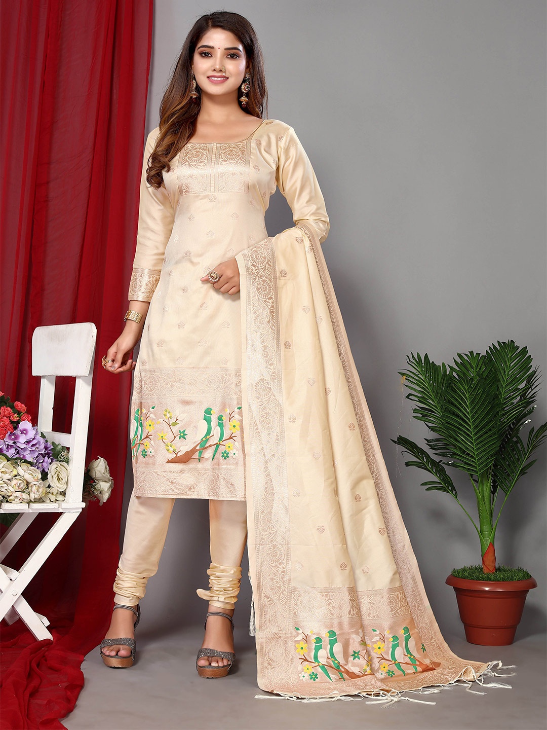 

Ekta Textiles Ethnic Motifs Woven Deisgn Unstitched Dress Material, Cream