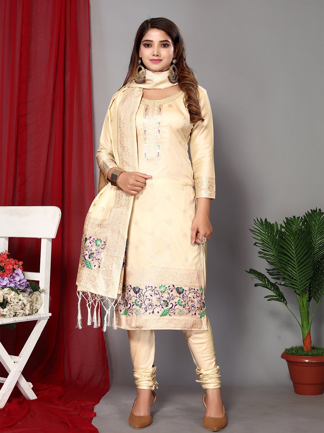 

Ekta Textiles Ethnic Motifs Woven Design Unstitched Dress Material, Cream