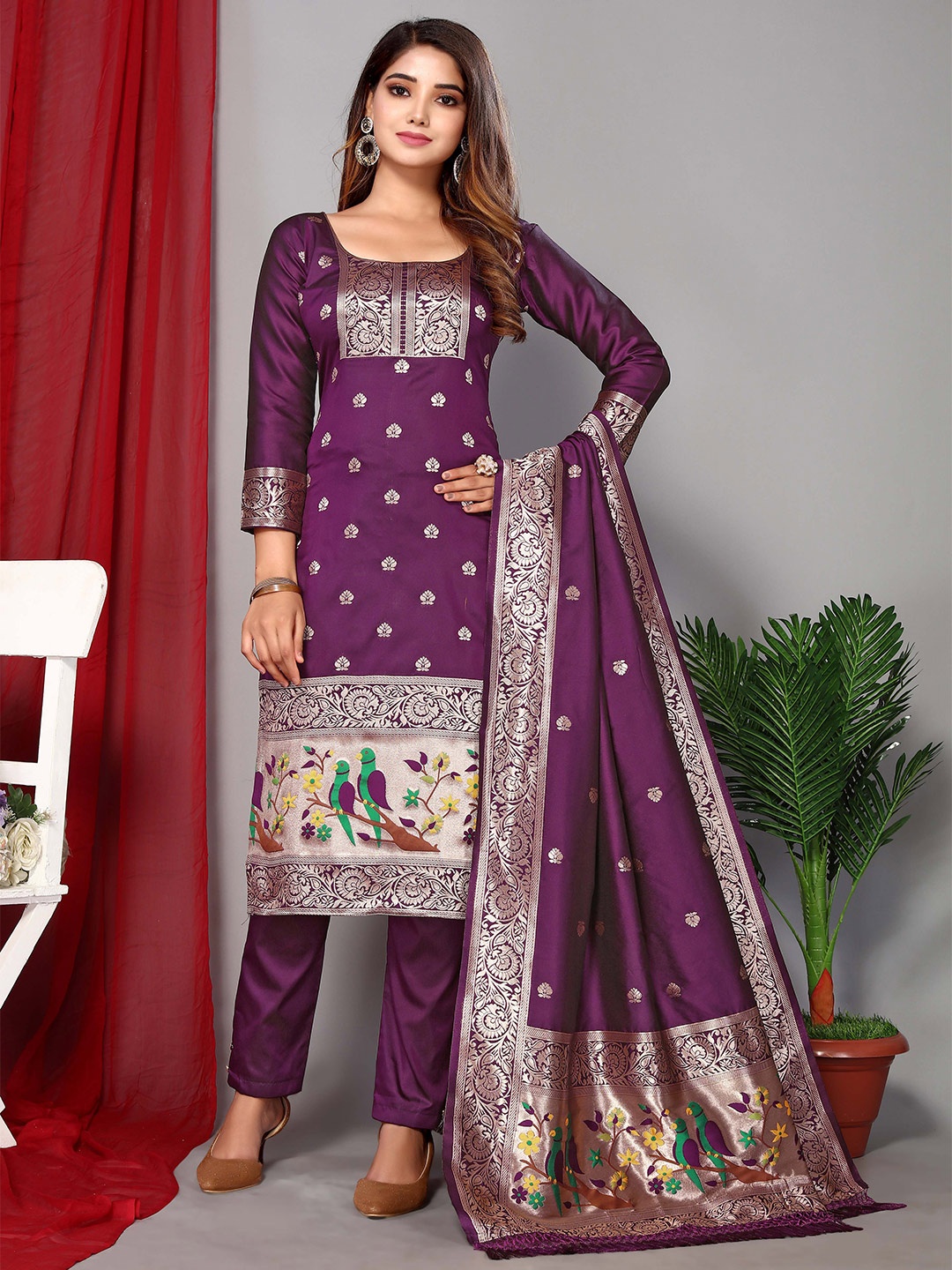 

Ekta Textiles Ethnic Motifs Woven Design Unstitched Dress Material, Purple