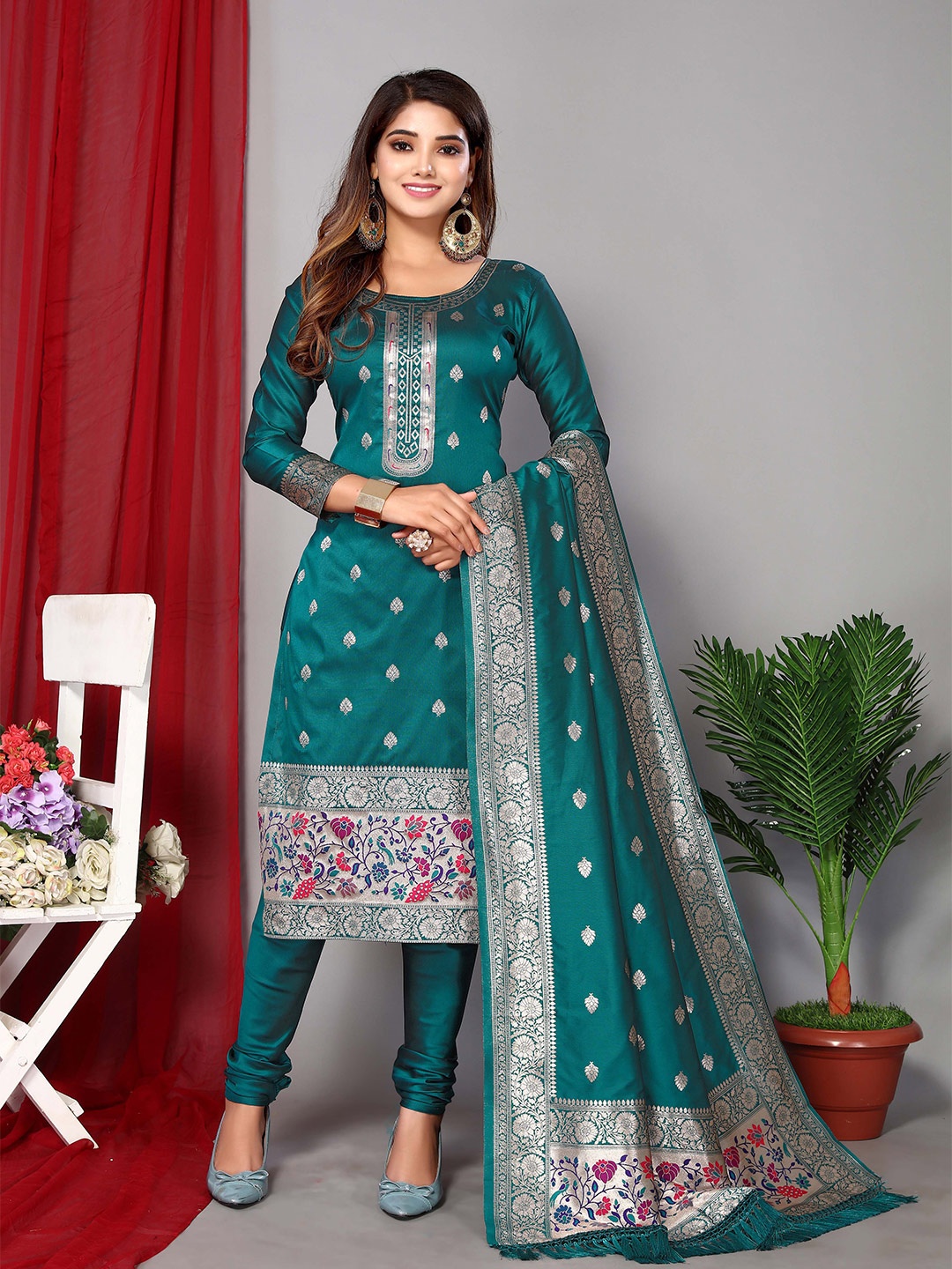 

Ekta Textiles Ethnic Motifs Woven Design Unstitched Dress Material, Turquoise blue