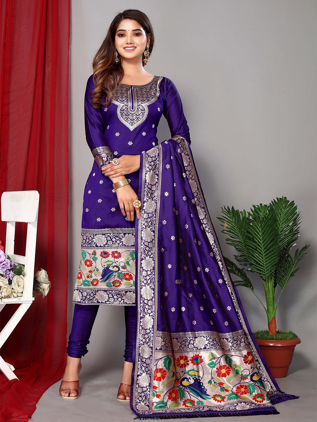 

Ekta Textiles Ethnic Motifs Woven Design Unstitched Dress Material, Blue