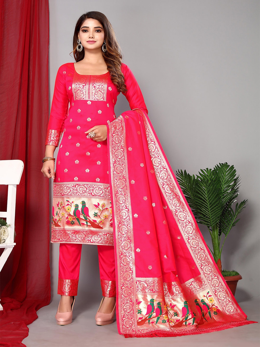 

Ekta Textiles Ethnic Motifs Woven Design Unstitched Dress Material, Pink