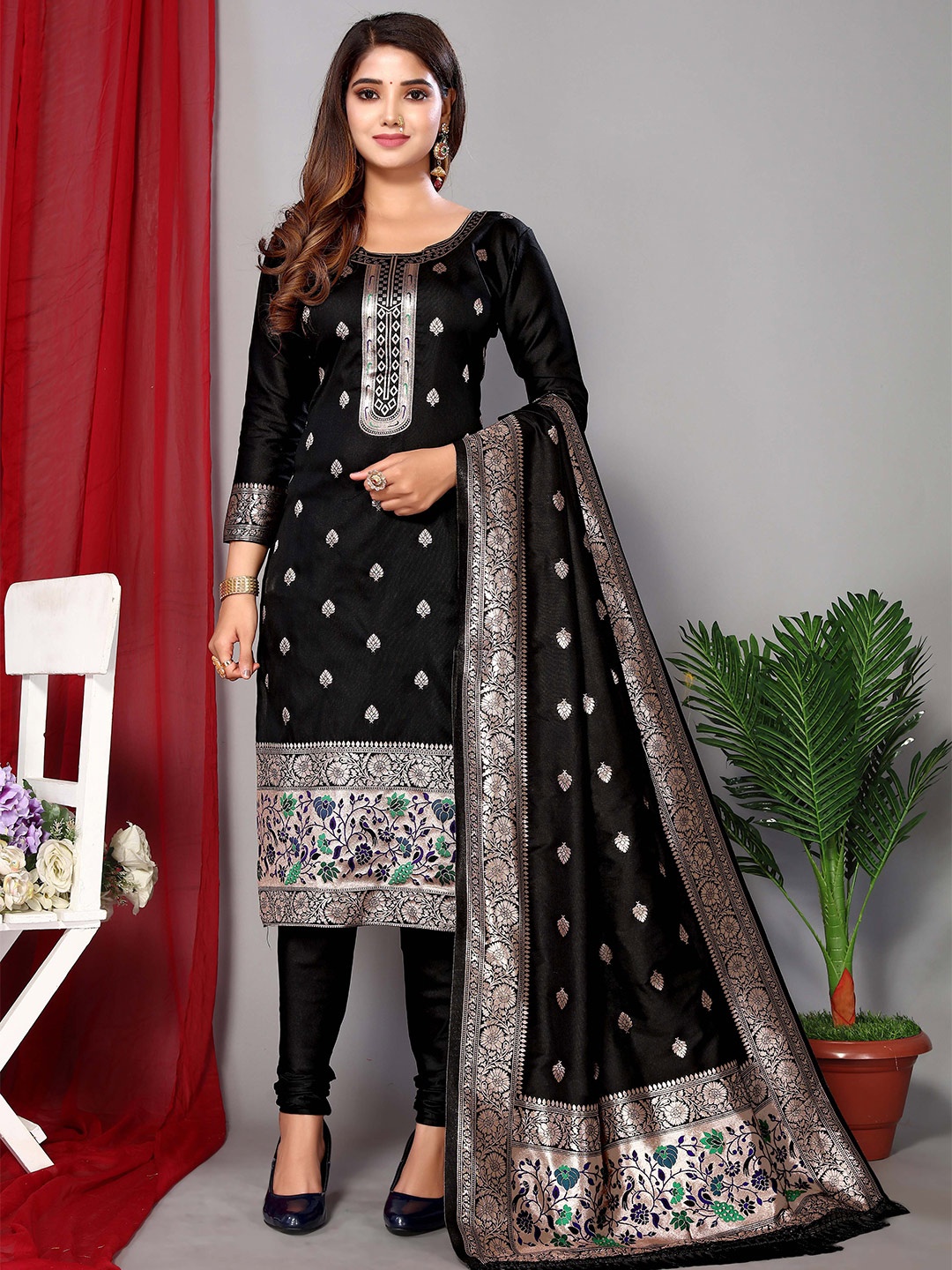 

Ekta Textiles Ethnic Motifs Woven Design Unstitched Dress Material, Black