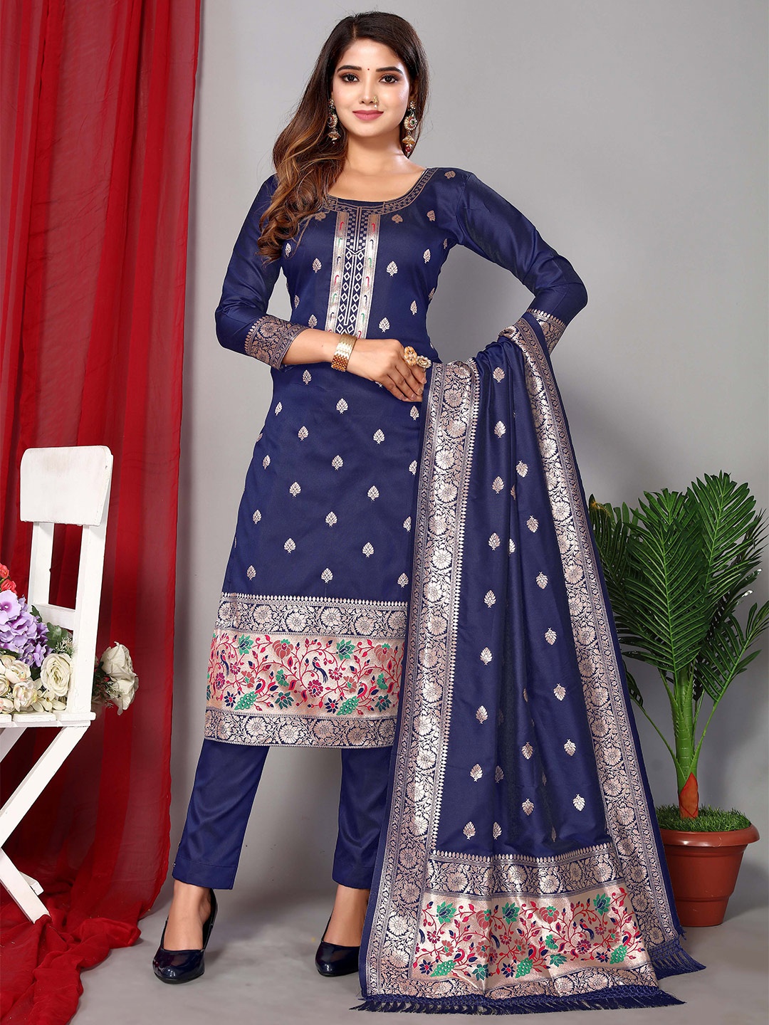 

Ekta Textiles Ethnic Motifs Woven Design Unstitched Dress Material, Navy blue