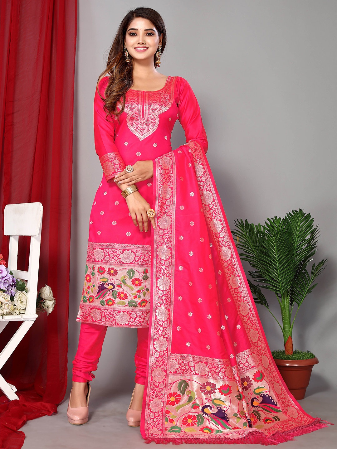 

Ekta Textiles Ethnic Motifs Woven Design Unstitched Dress Material, Pink