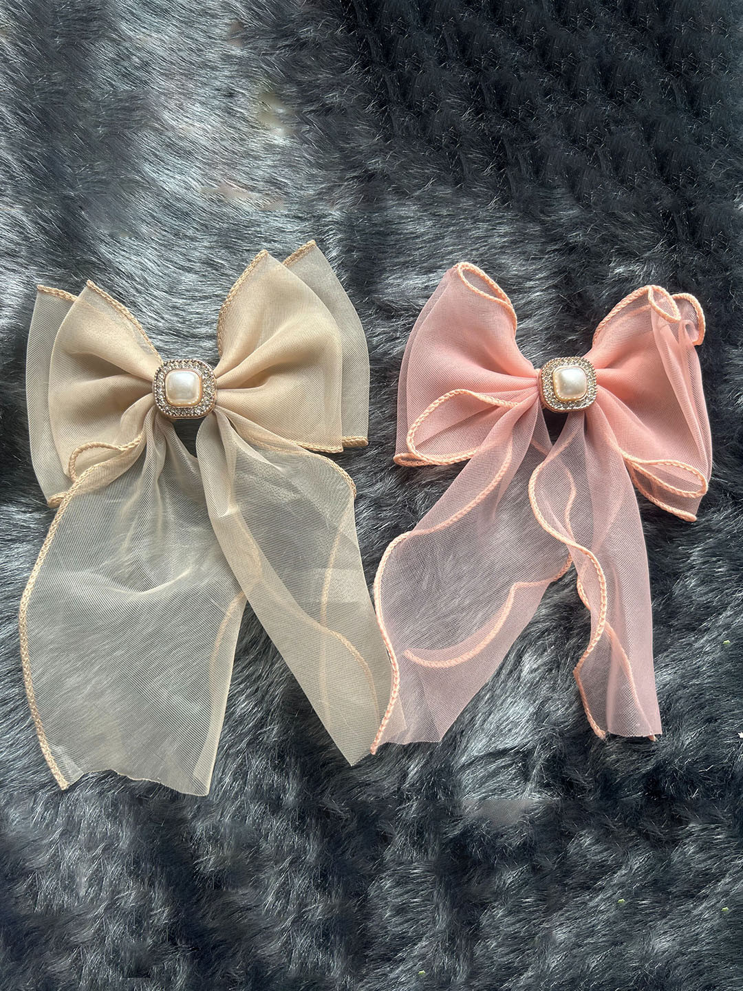 

LYTIX Girls Set of 2 Bow-Shaped French Barrette With Long Tail Ties Hair Clips, Beige