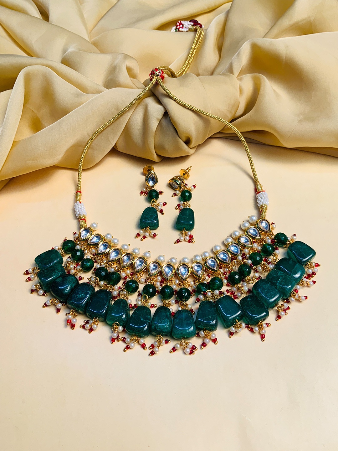 

ABDESIGNS Gold-Plated Kundan Glass Stone Studded & Pearl Beaded Jewellery Set