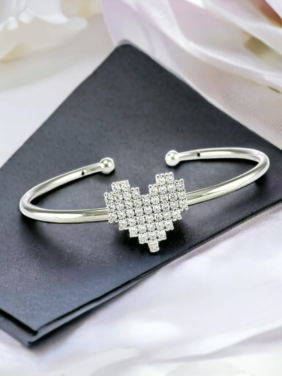 

Taraash Rhodium-Plated Silver-Toned CZ-Studded Heart Kada Bangle