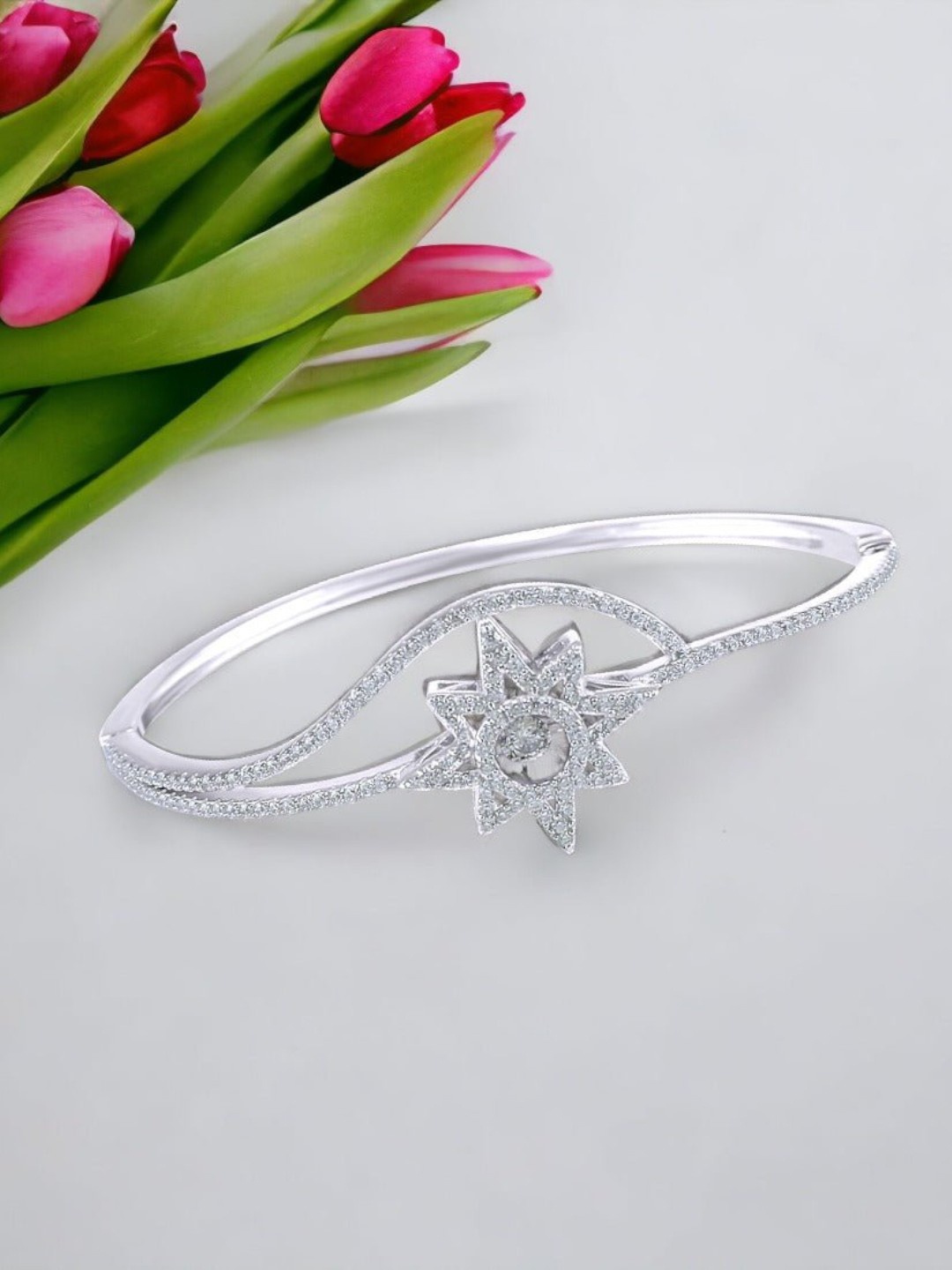 

Taraash Rhodium-Plated CZ-Studded Bangle, Silver