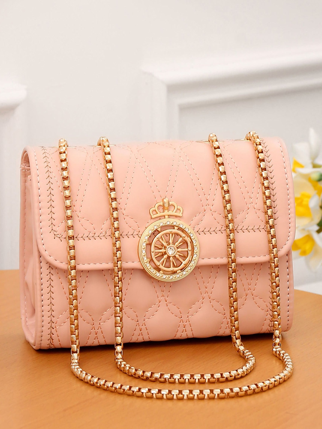

Diva Dale PU Textured Structured Sling Bag With Quilted, Pink