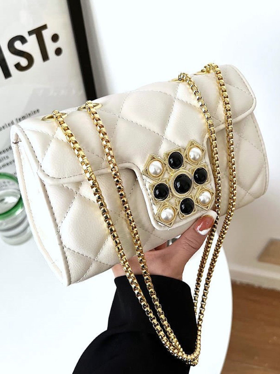 

Diva Dale Textured Quilted Structured Sling Bag, White