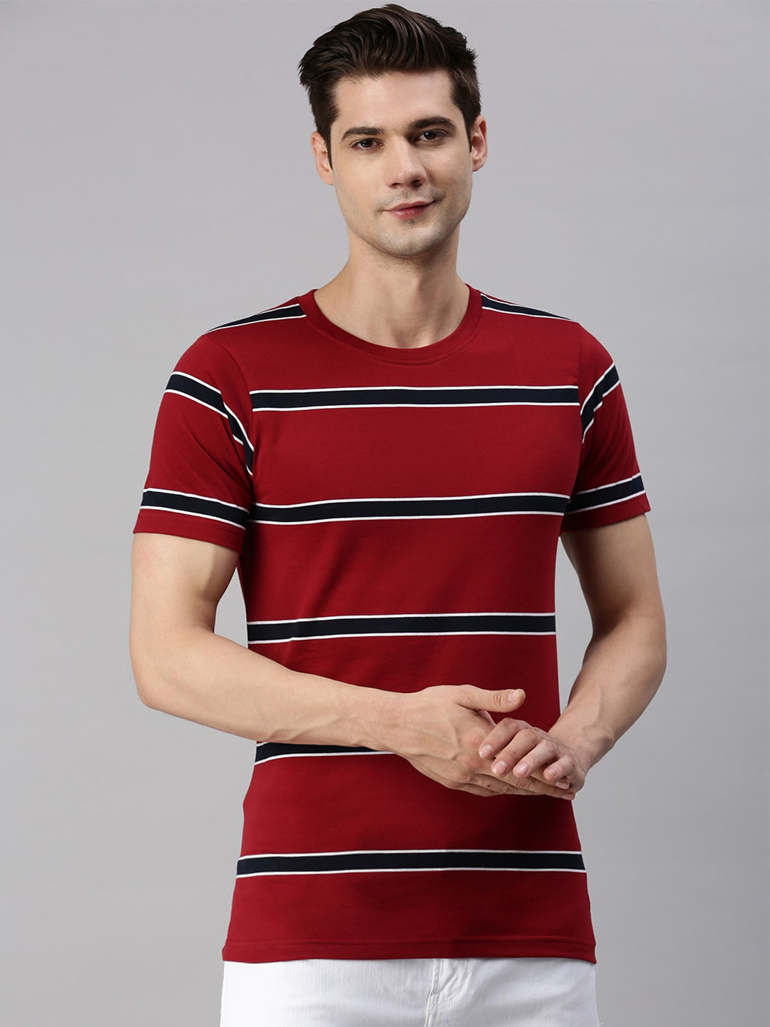 

ONN Striped Casual Cotton T-shirt, Maroon