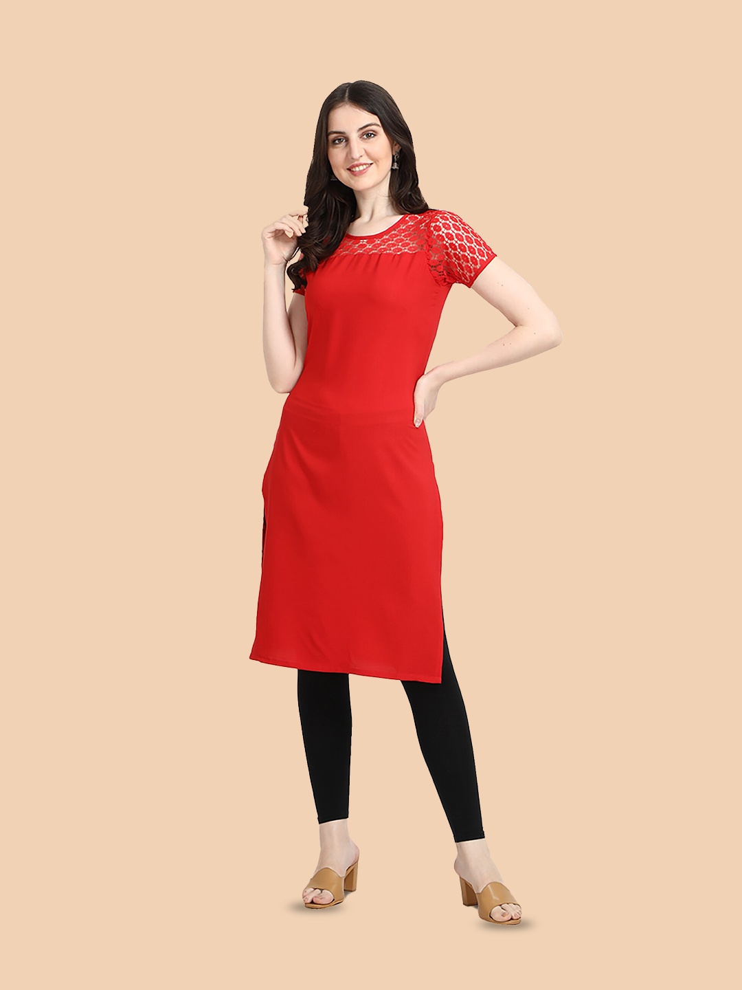

Dream Beauty Fashion Self Design Straight Kurta, Red