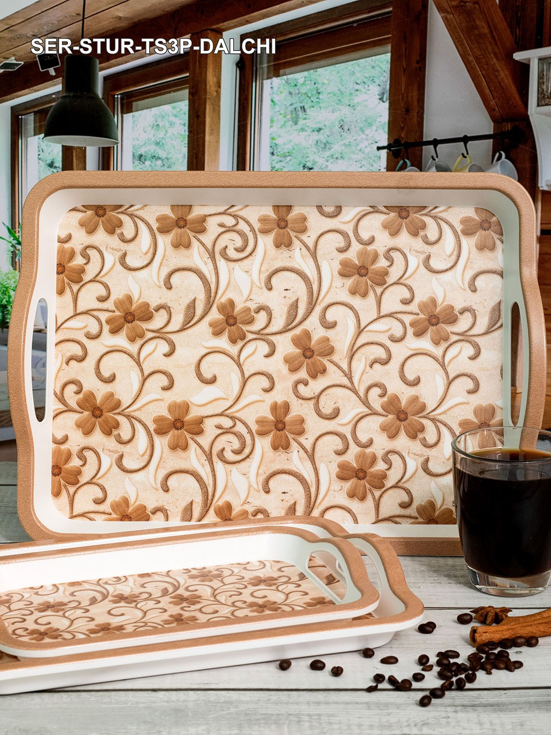 

Servewell White & Biege 3-Pieces Printed Serving Trays