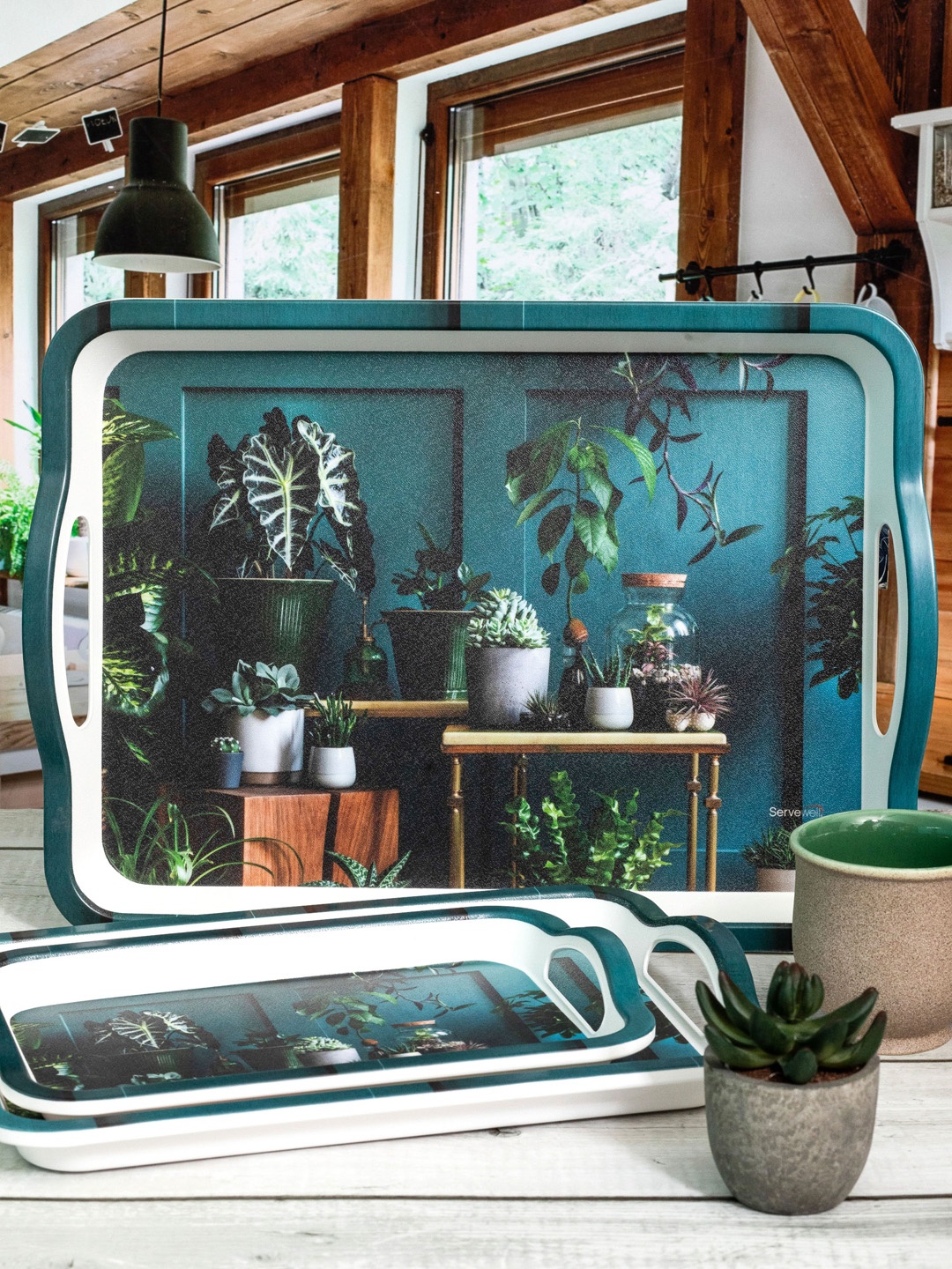 

Servewell 3 Pieces Teal Blue Printed Melamine Serving Trays