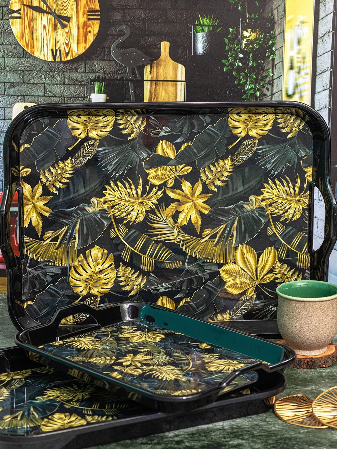

Servewell 3 Pieces Green & Yellow Printed Melamine Serving Trays