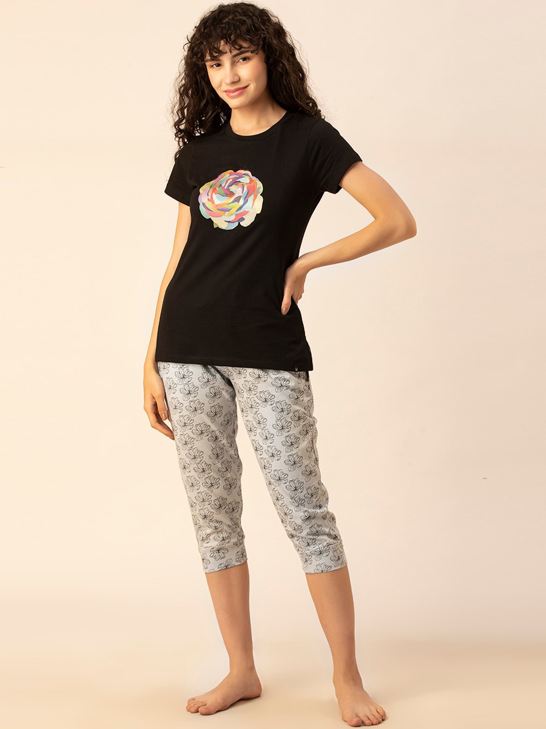 

TITTLI Floral Printed Pure Cotton Night suit, Black