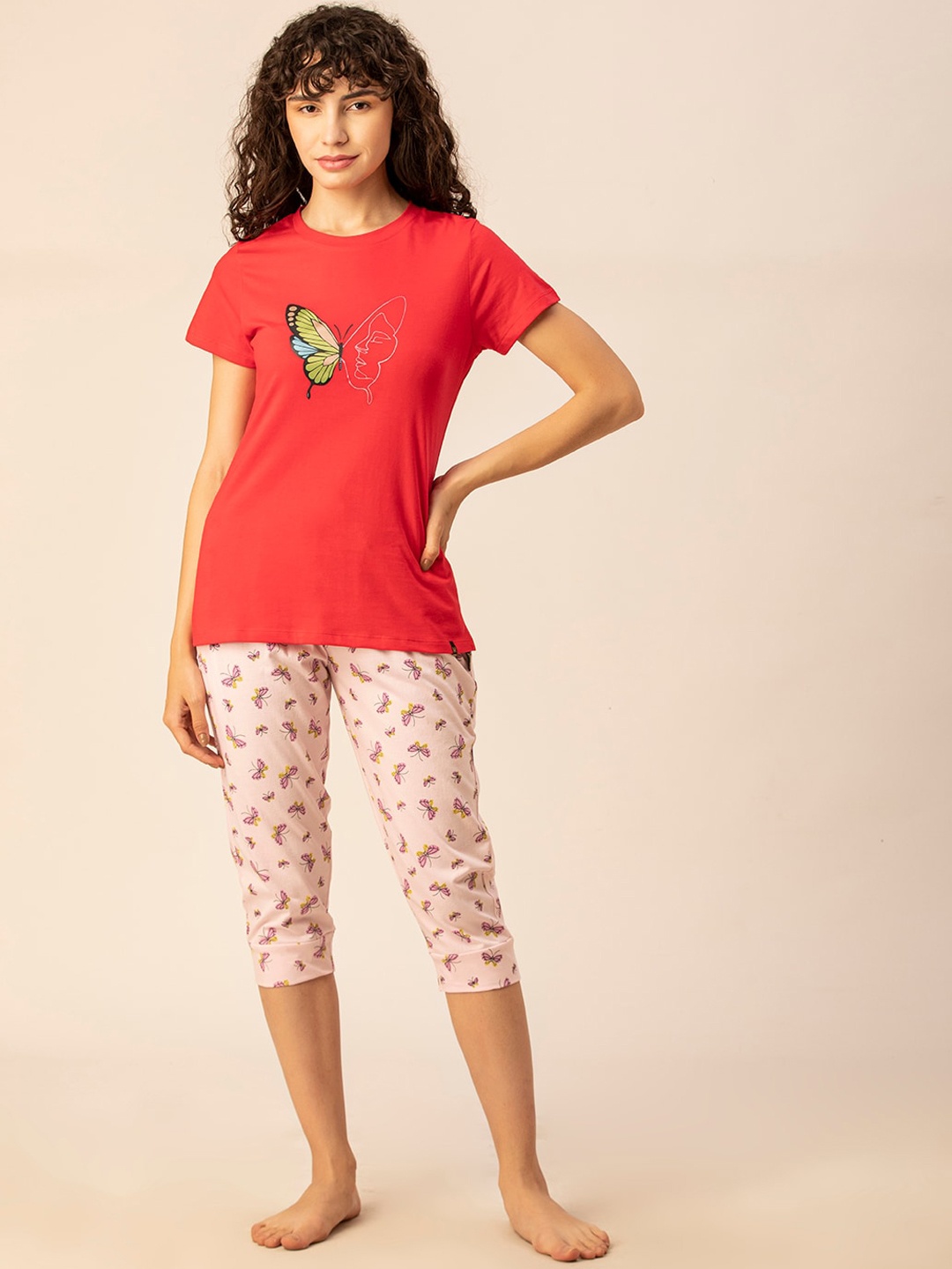 

TITTLI Conversational Printed Pure Cotton Night suit, Red