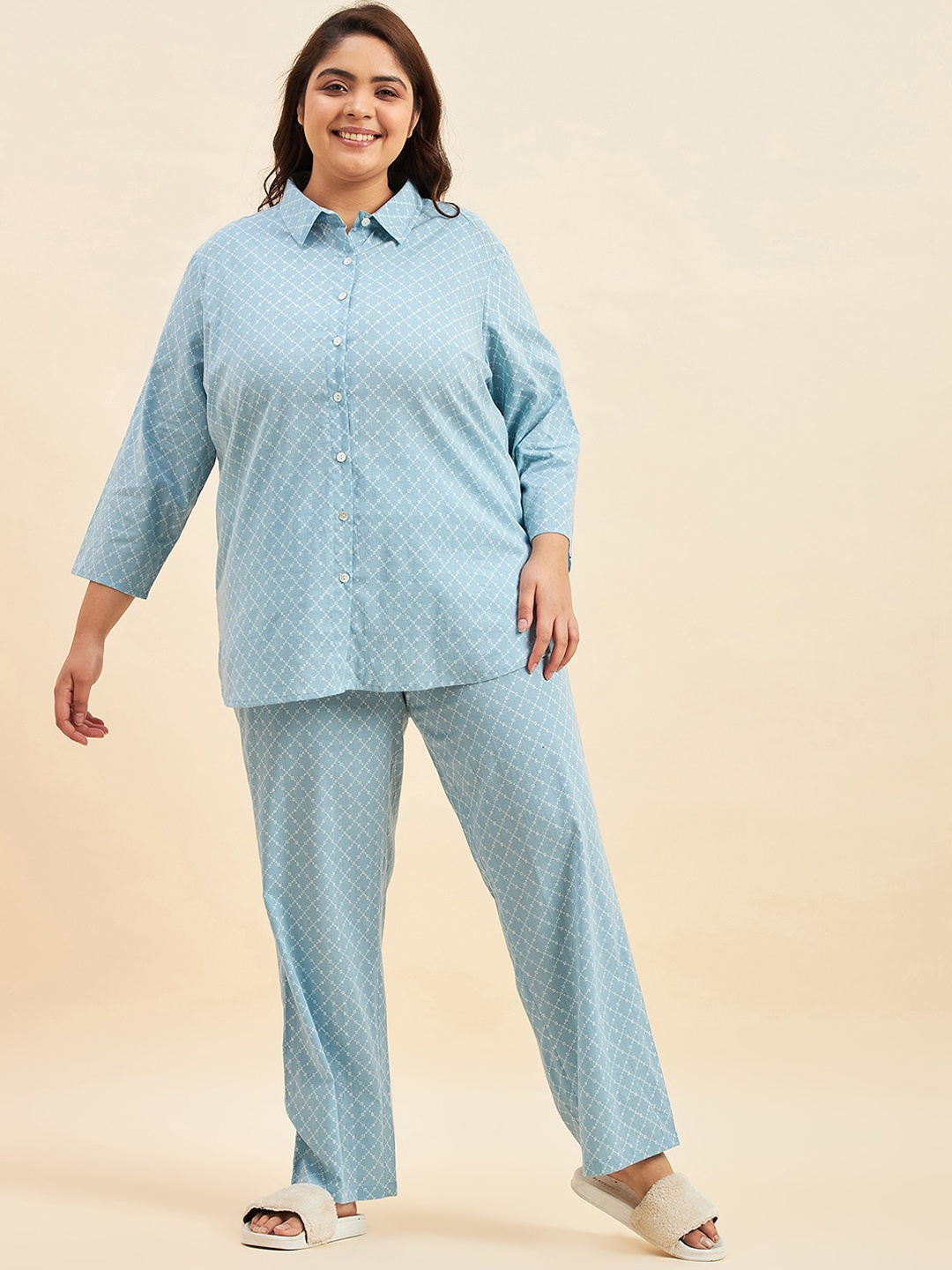 

Sweet Dreams Blue & White Plus Size Geometric Printed Pure Cotton Night Suit