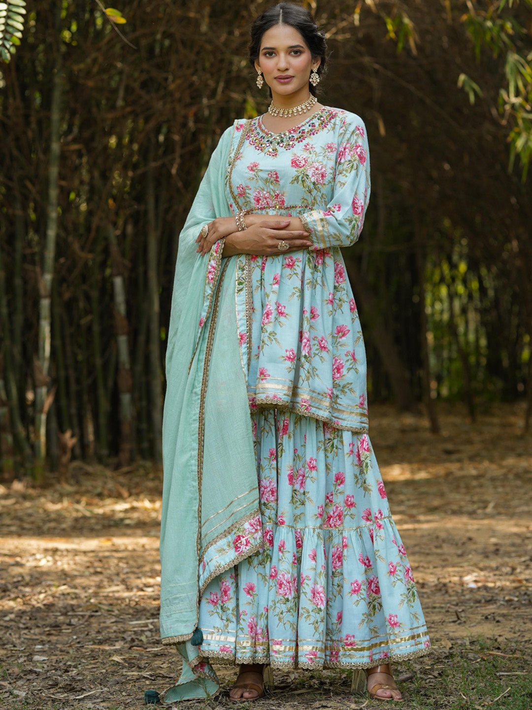 

SCAKHI Floral Printed Mirror Work Pure Cotton Peplum Kurti with Sharara & Dupatta, Green