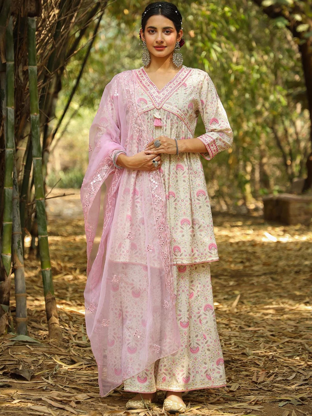 

SCAKHI Floral Printed Empire Mirror Work Pure Cotton Anarkali Kurta with Sharara & Dupatta, Off white