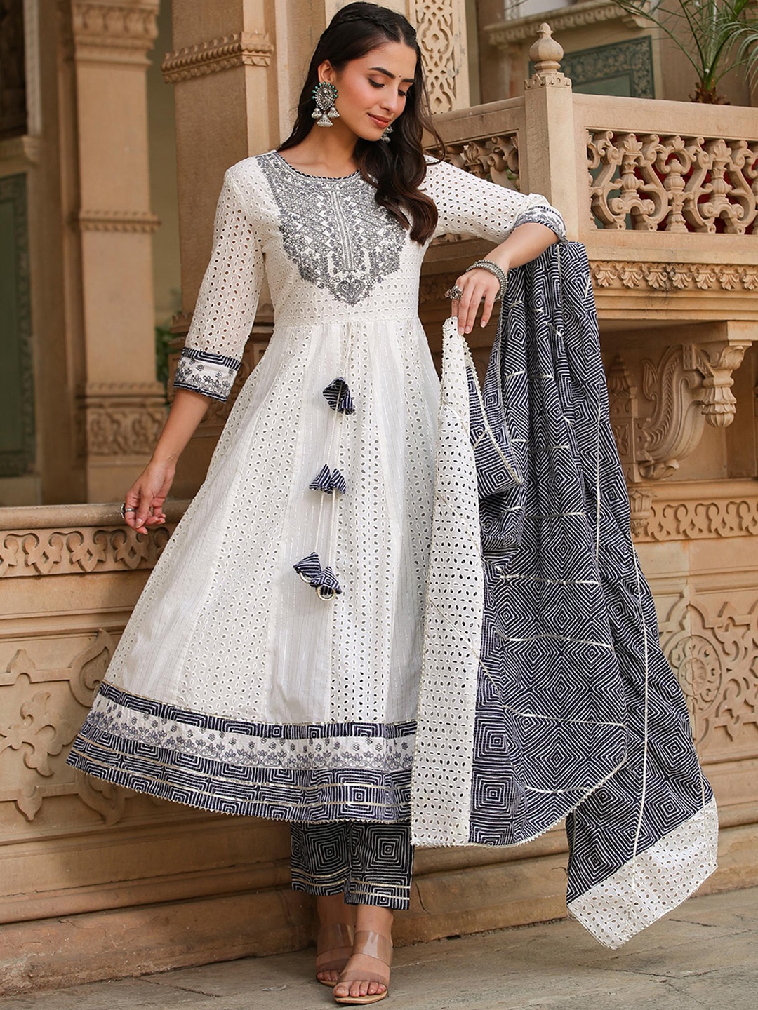 

SCAKHI Schiffli Self Design Thread Work Sequined Pure Cotton Kurta with Trousers & Dupatta, White