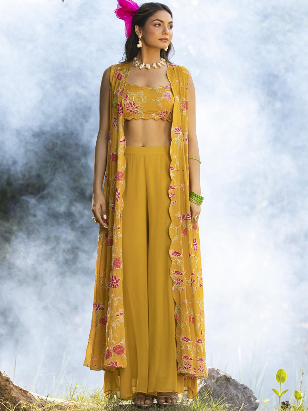 

SCAKHI Floral Printed Shoulder Straps Embellished Top & Palazzo With Long Cape, Mustard