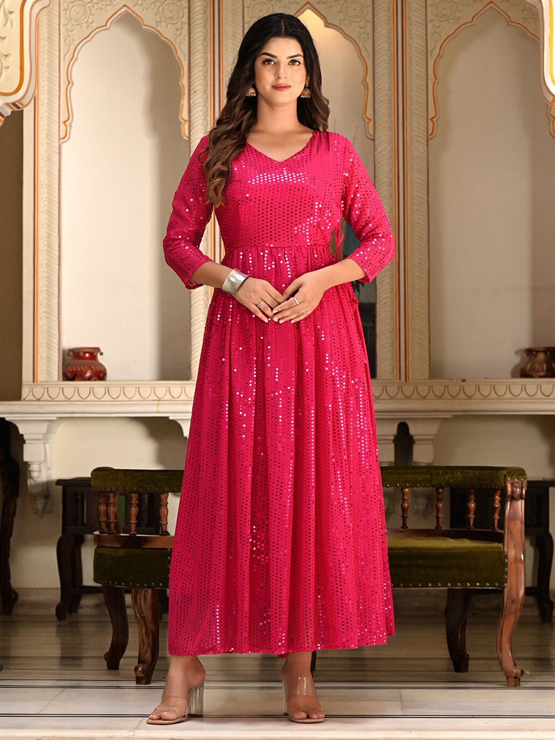 

SHOPGARB Sequin Embellished Gathered A-Line Ethnic Dress, Pink