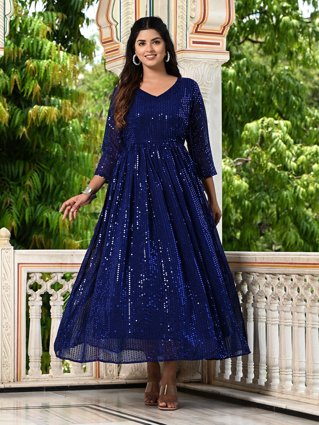 

SHOPGARB Sequin Embellished Gathered A-Line Ethnic Dress, Navy blue