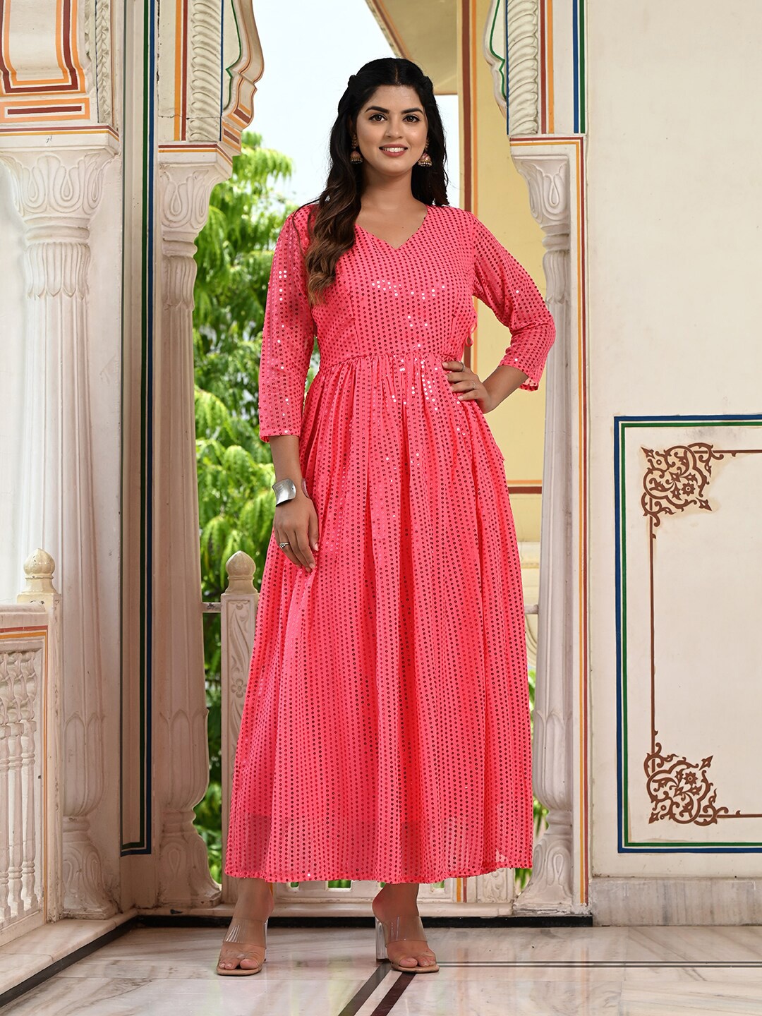 

SHOPGARB Sequin Embellished Gathered A-Line Ethnic Dress, Pink