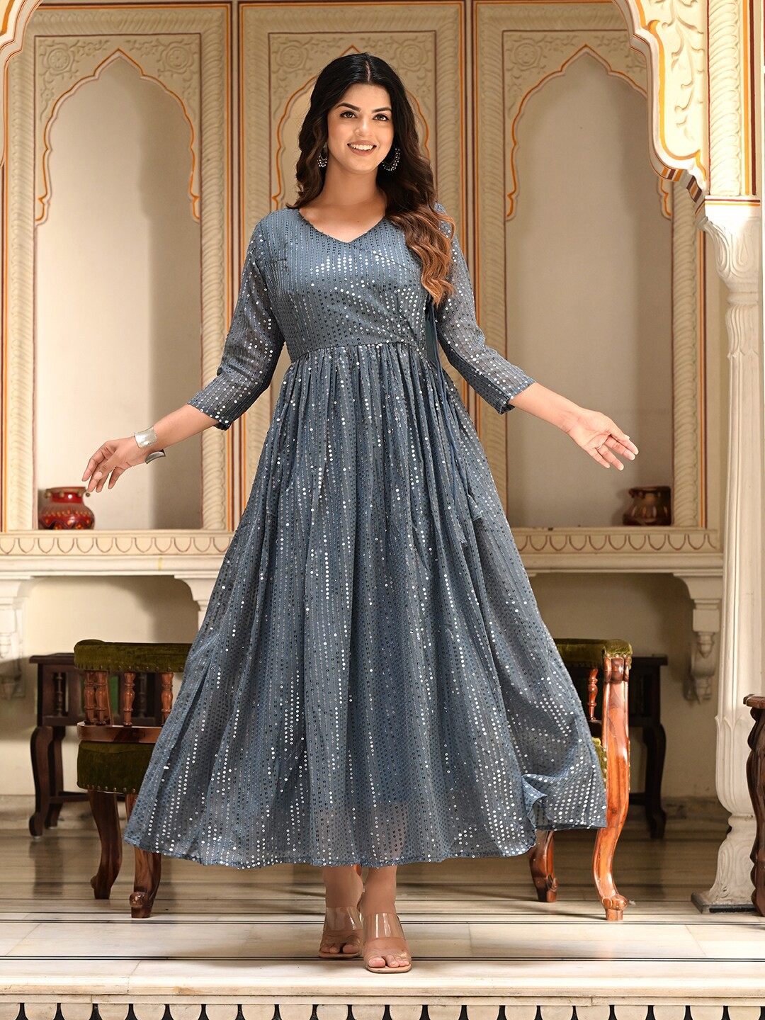 

SHOPGARB Sequined Flared Midi Ethnic Dress, Grey