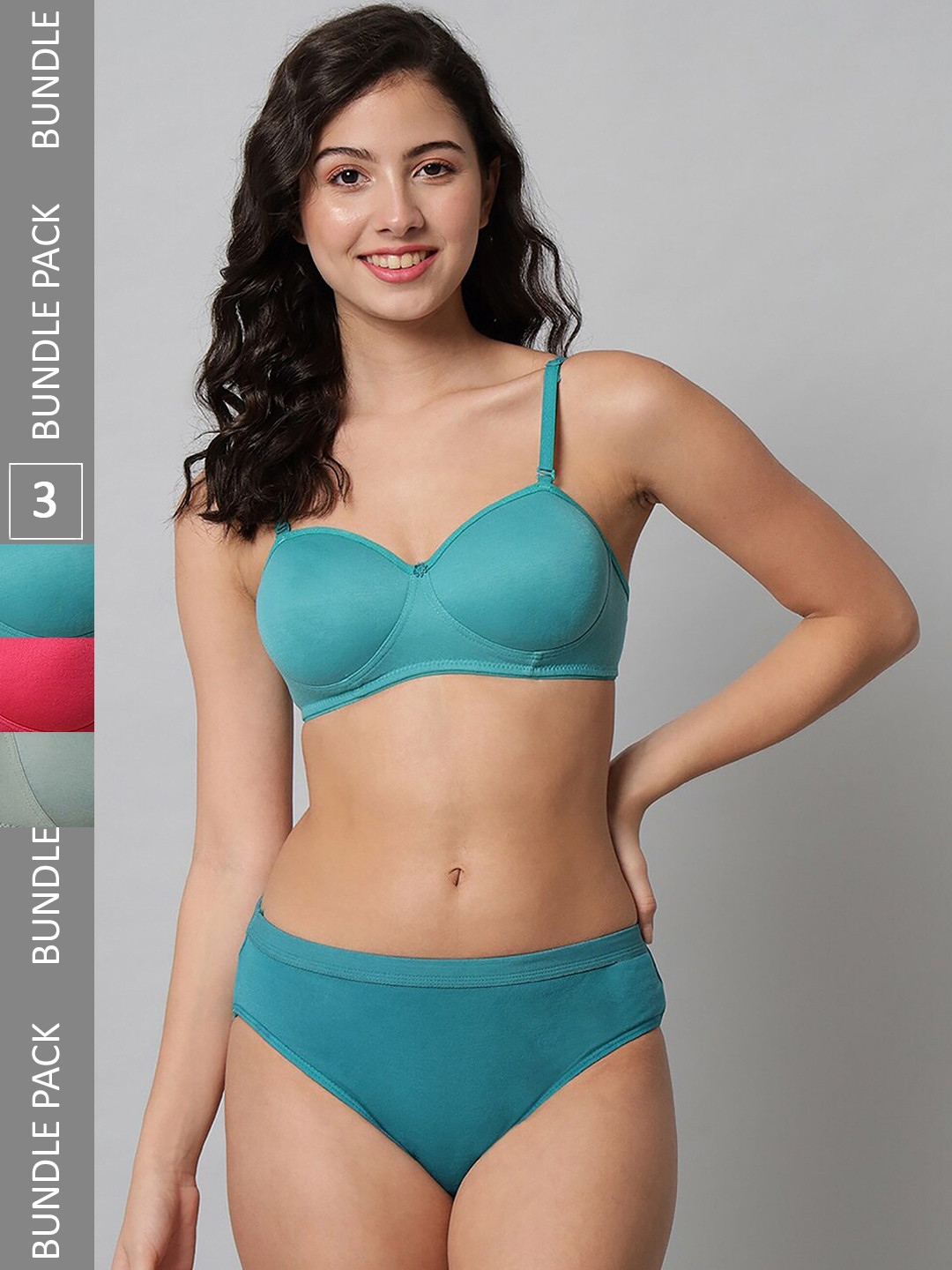 

AROUSY Pack of 3 Lightly Padded Cotton Lingerie Set R_Demi Set_Red,Blue,Green_30, Turquoise blue