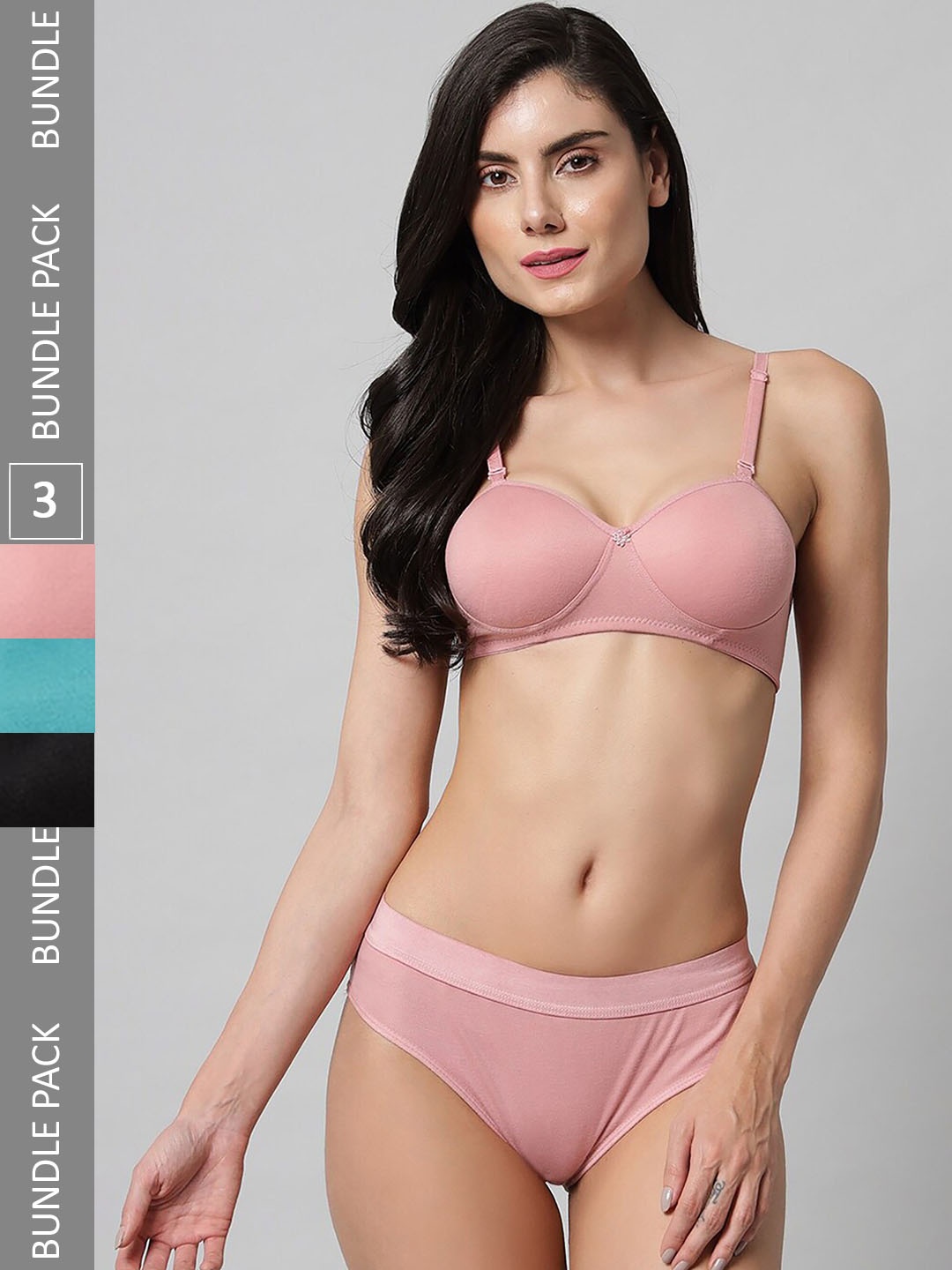 

AROUSY Pack Of 3 Mid-Rise Cotton Lingerie Set R_Demi Set_Black,Blue,Pink_30, Mauve