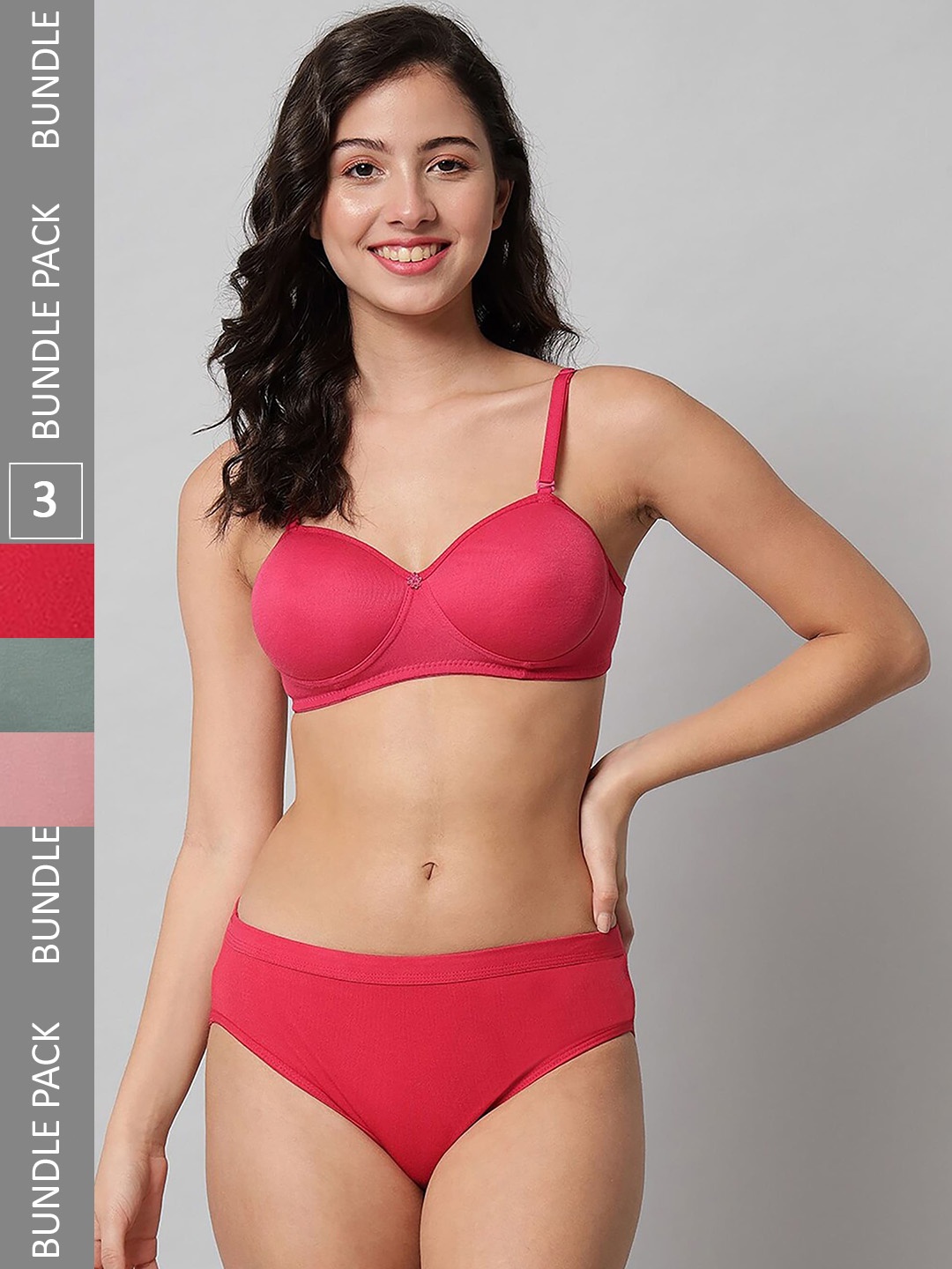 

AROUSY Pack Of 3 Cotton Bra Lingerie Set R_Demi Set_Red,Pink,Green_30