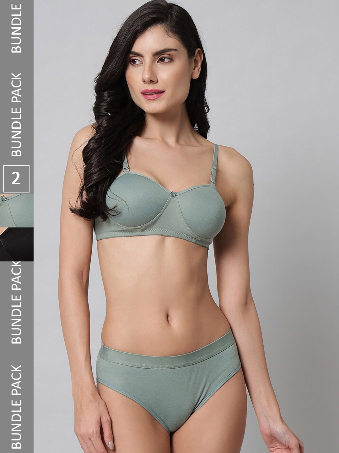 

AROUSY Pack Of 2 Non-Wired Cotton Lingerie Set R_Demi Set_Black,Green_30-Black
