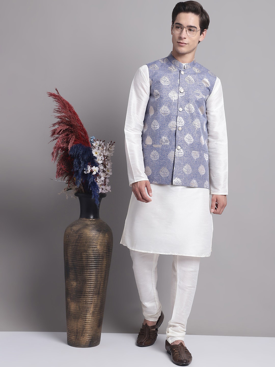 

Jompers Straight Kurta & Churidar With Nehru Jacket, White