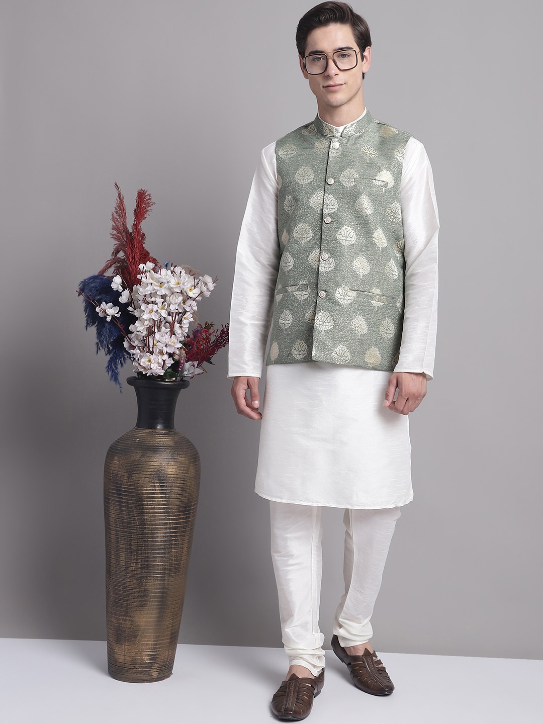

Jompers Straight Kurta & Churidar With Nehru Jacket, White