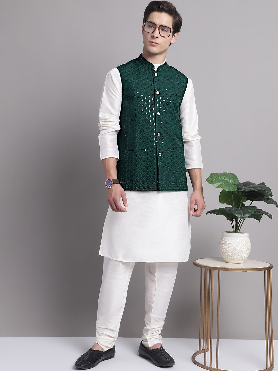 

Jompers Kurta With Churidar With Embroidred Sequinned Nehru Jacket, Olive