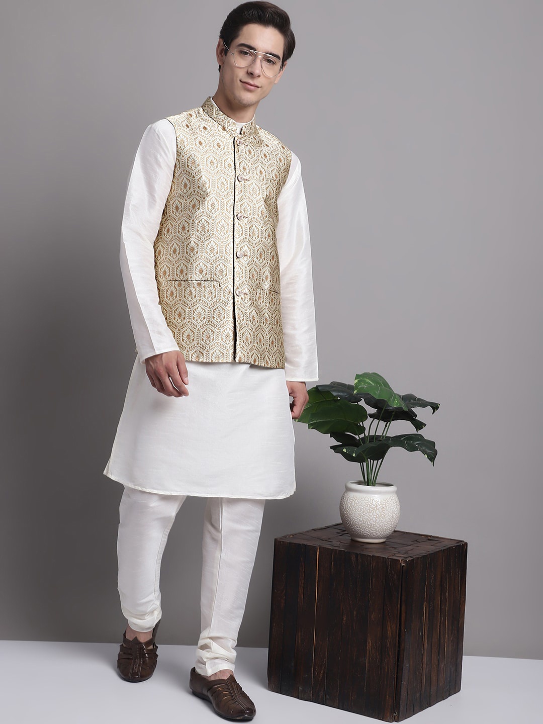 

Jompers Straight Kurta & Churidar With Nehru Jacket, White