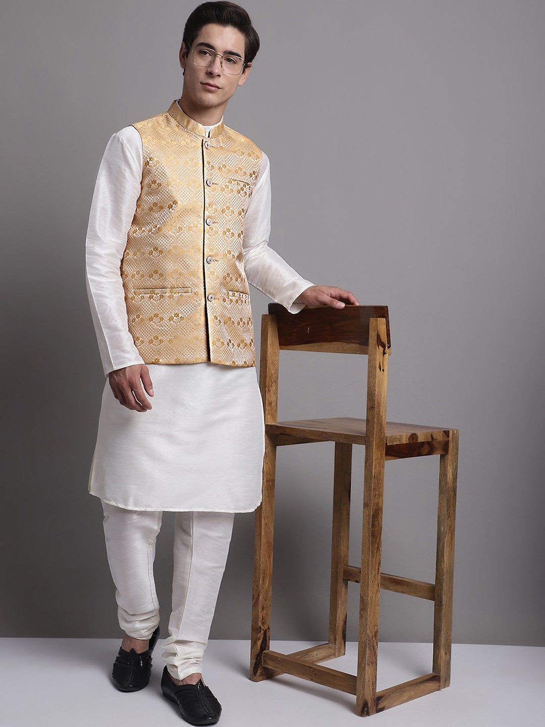 

Jompers Kurta & Churidar With Woven Design Nehru Jacket, Gold