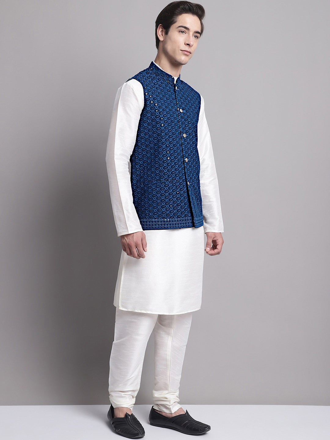 

Jompers Regular Kurta & Churidar with Sequinned Nehru Jacket, Blue