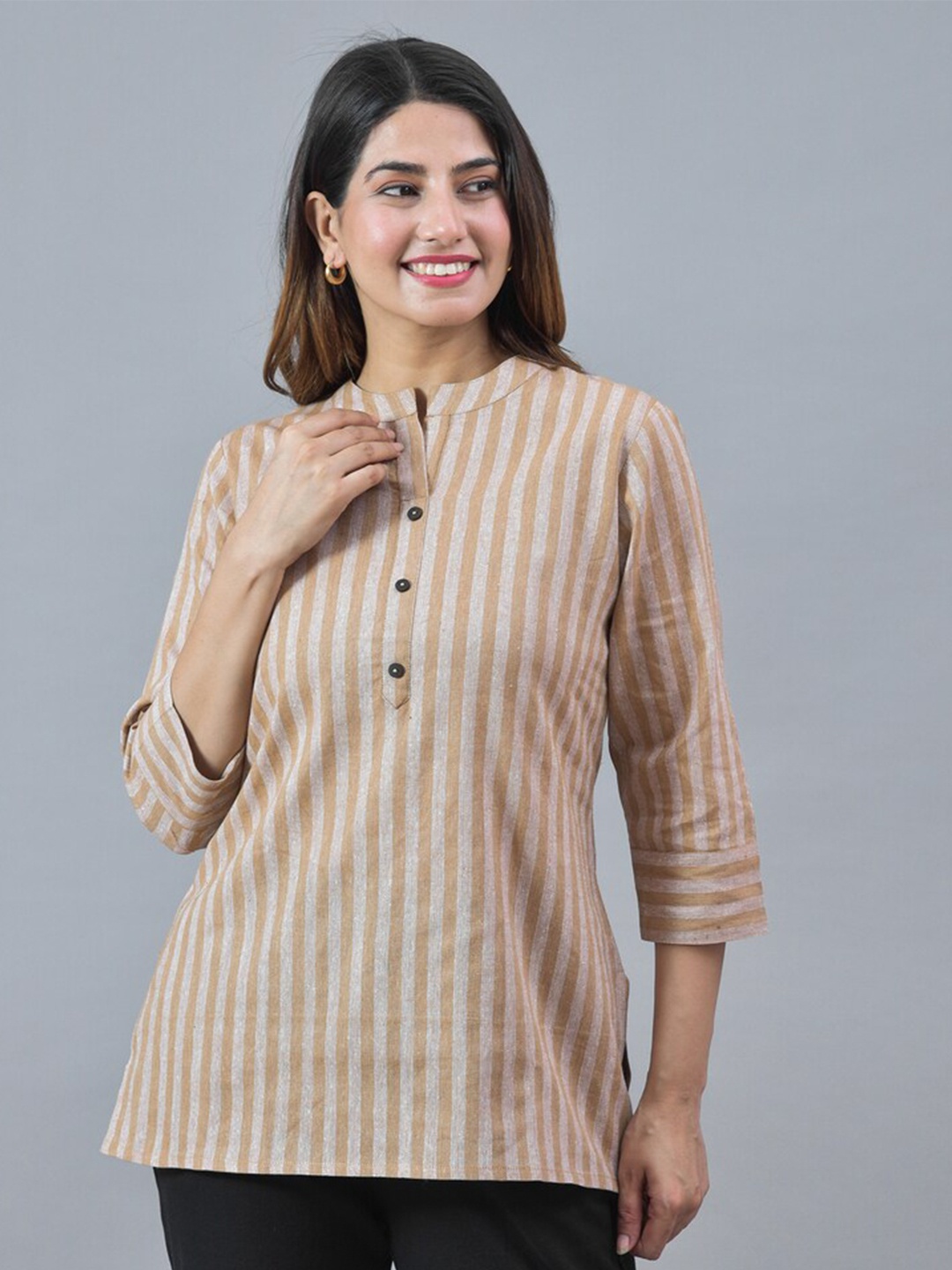 

HERE&NOW Brown Striped Mandarin Collar Cotton Shirt Style Top