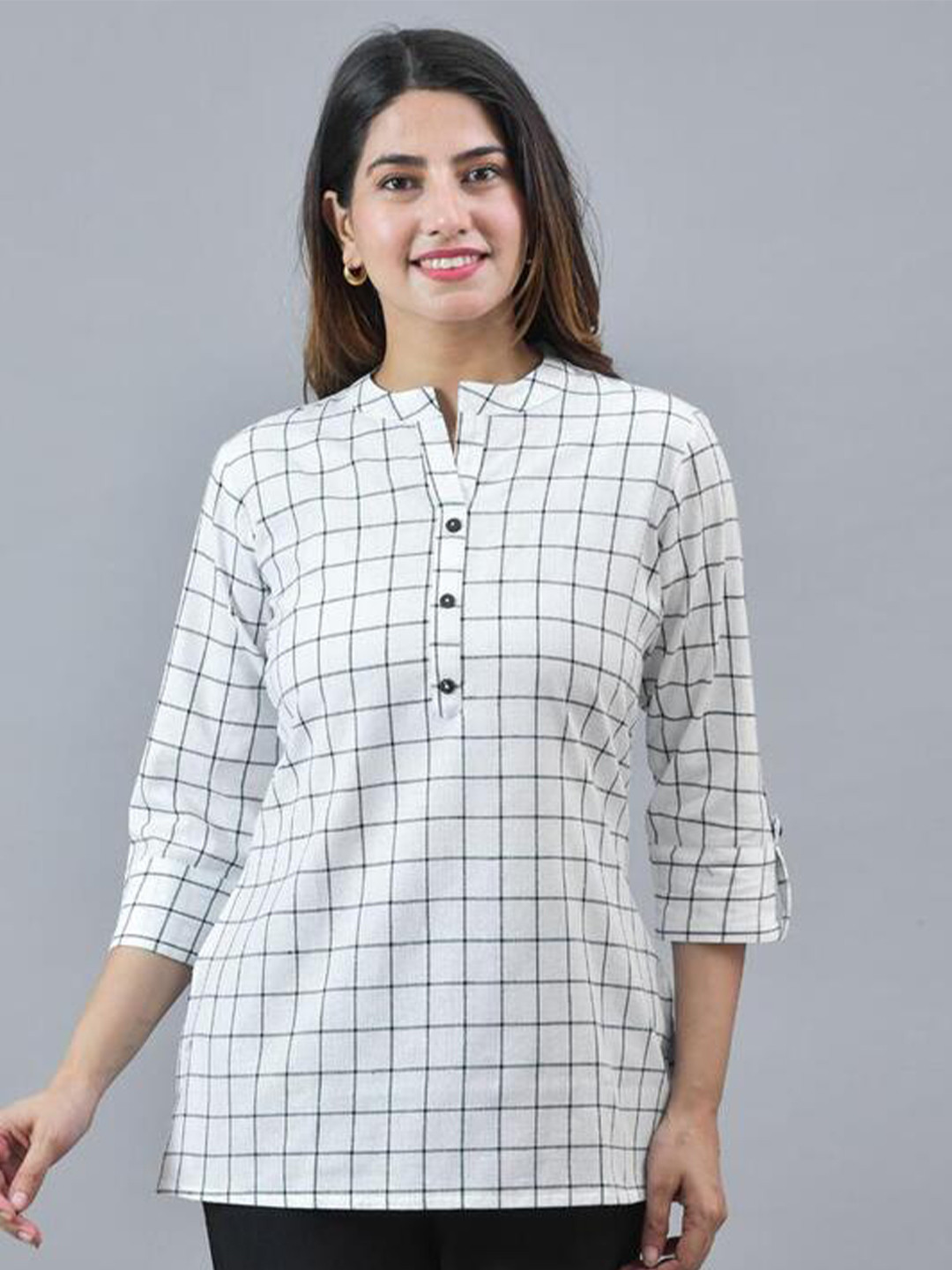

HERE&NOW White Checked Mandarin Collar Cotton Shirt Style Top